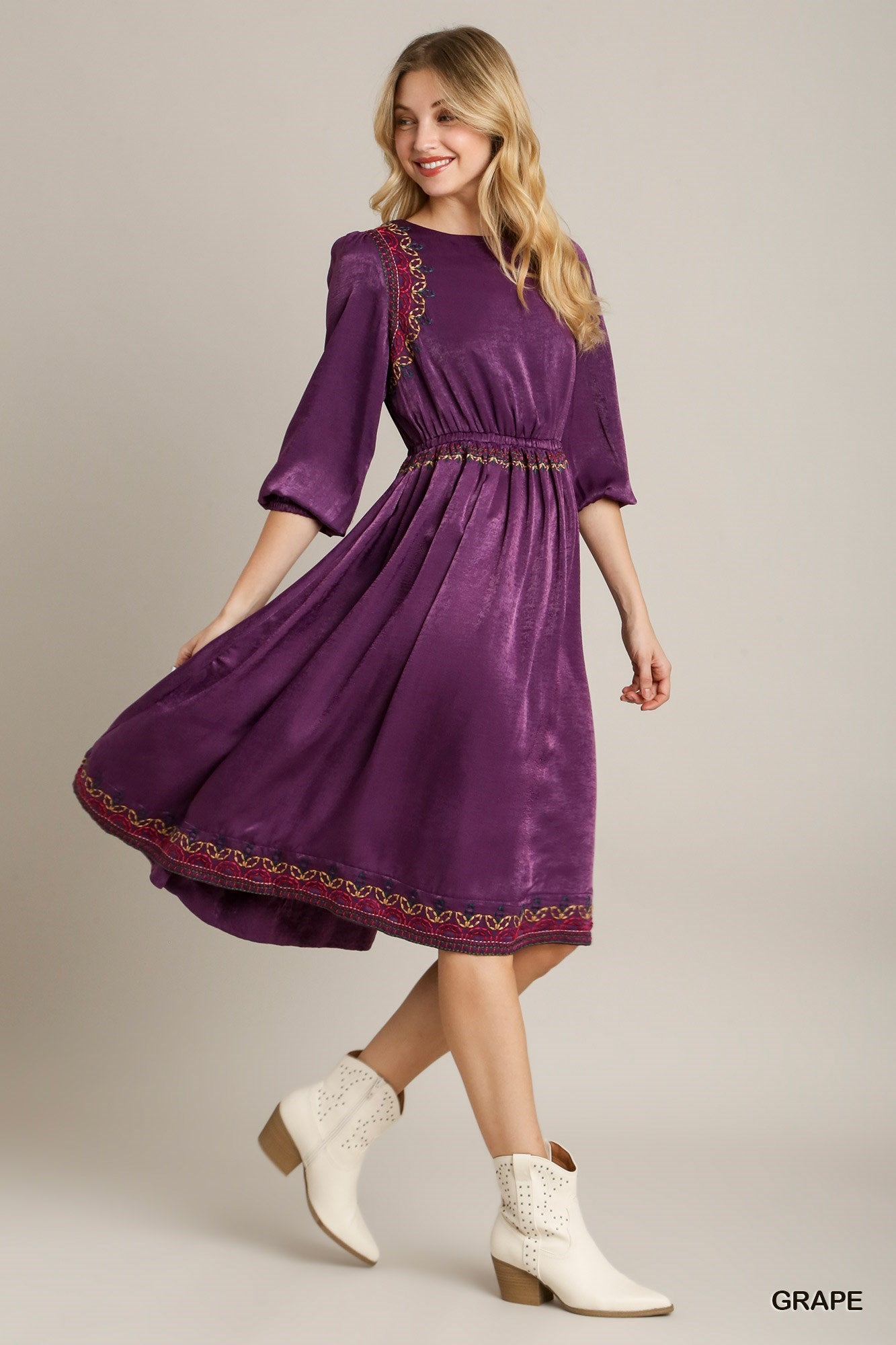 Satin Round Neck Embroidery Midi Dress - Exotic Bear Boutique 