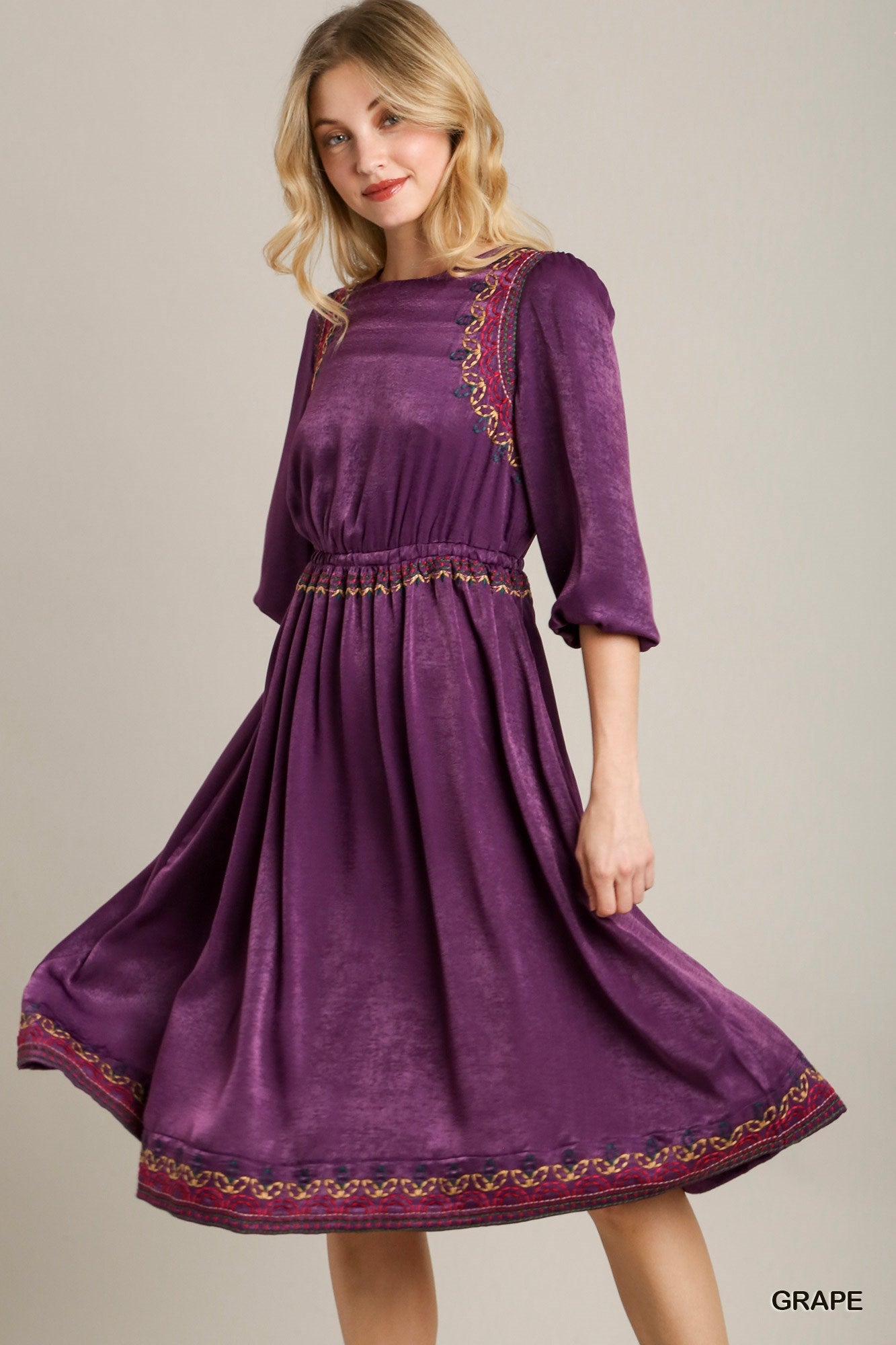 Satin Round Neck Embroidery Midi Dress - Exotic Bear Boutique 
