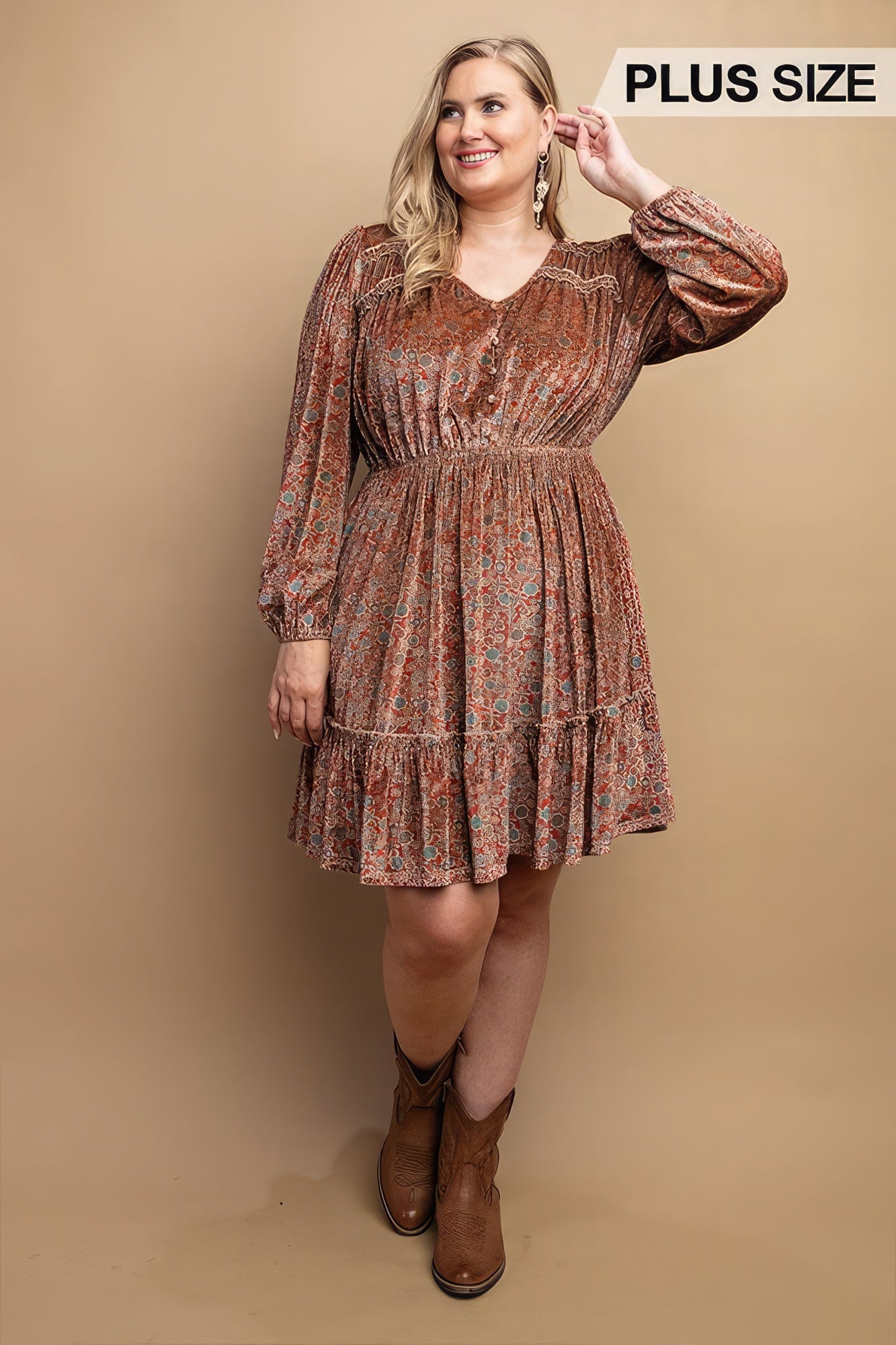 Printed Velvet V-neck Dress With Button Front Detail - Exotic Bear Boutique 