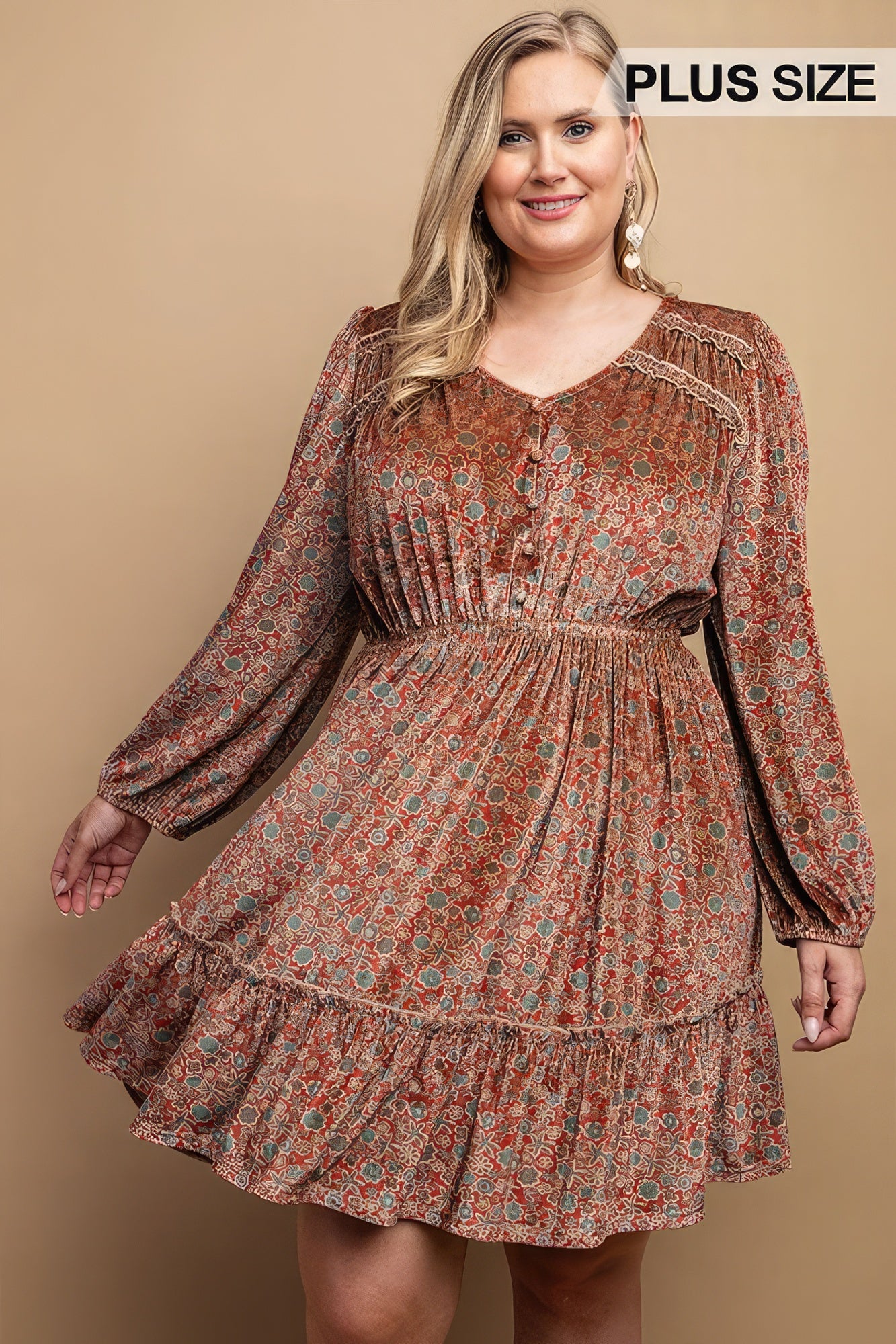Printed Velvet V-neck Dress With Button Front Detail - Exotic Bear Boutique 