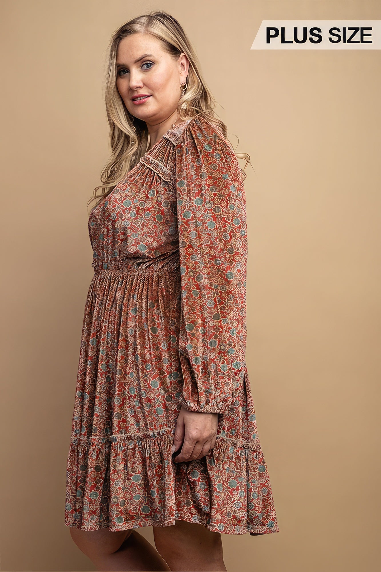 Printed Velvet V-neck Dress With Button Front Detail - Exotic Bear Boutique 