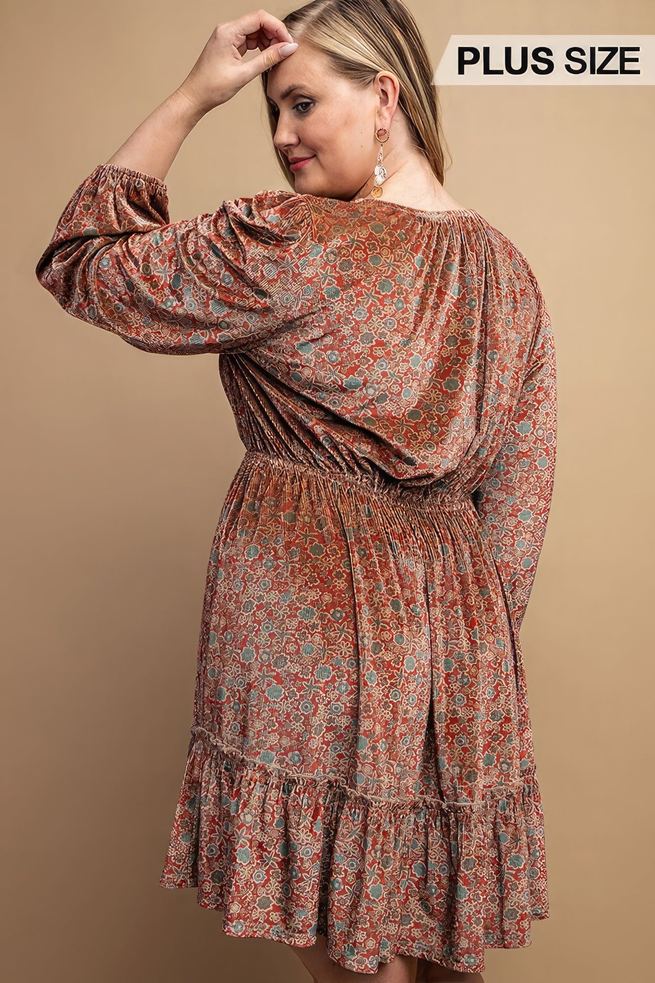 Printed Velvet V-neck Dress With Button Front Detail - Exotic Bear Boutique 