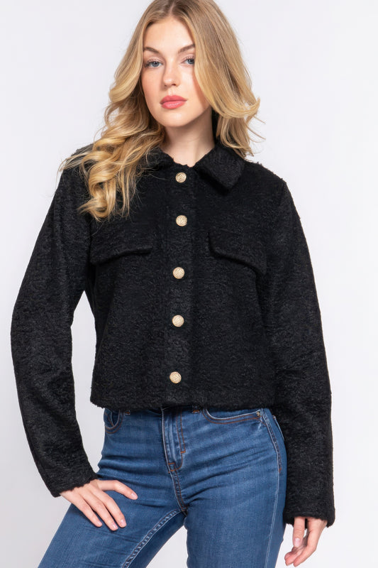 Long Slv Teddy Fleece Short Jacket - Exotic Bear Boutique 
