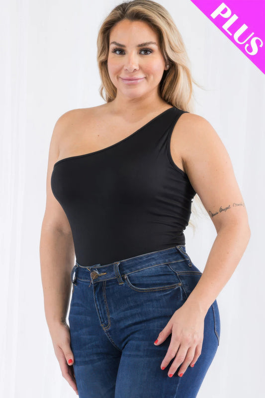 Plus size one shoulder solid casual bodysuit - Exotic Bear Boutique 