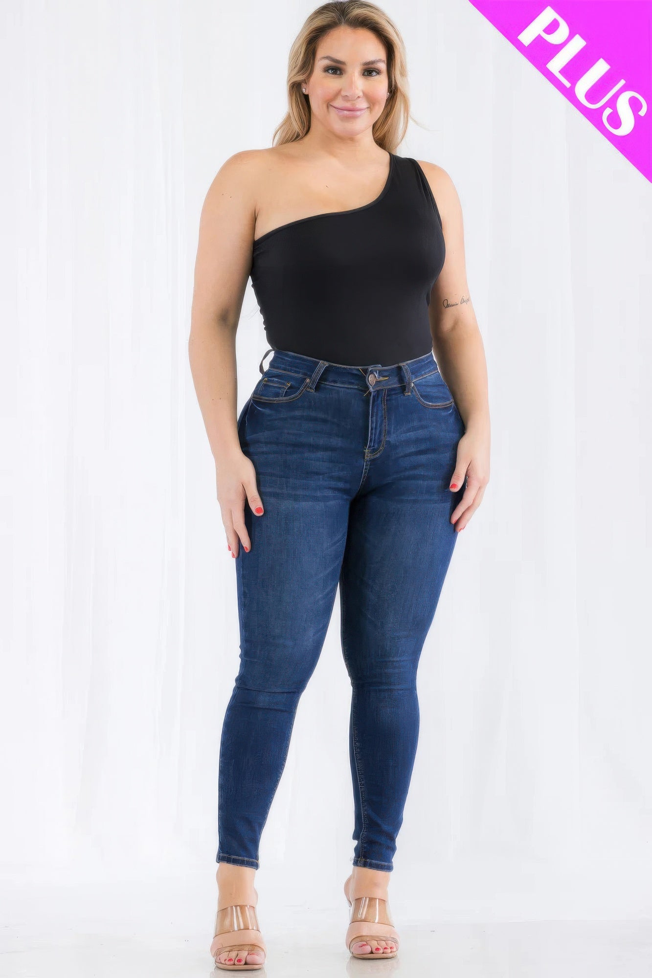 Plus size one shoulder solid casual bodysuit - Exotic Bear Boutique 